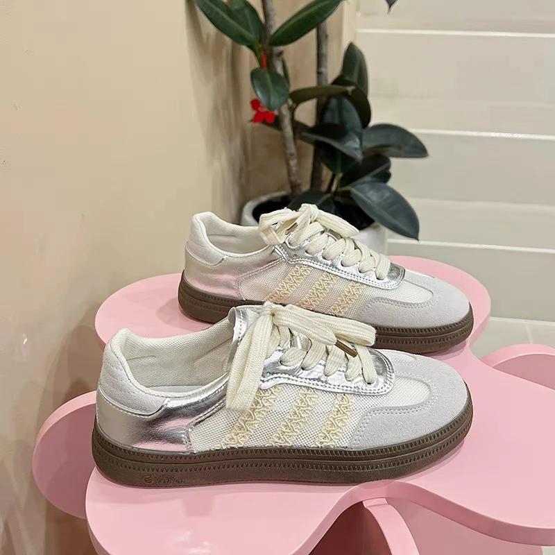 蕾丝德训鞋女2024夏季新款网面透气小白鞋女平底休闲板鞋运动网鞋