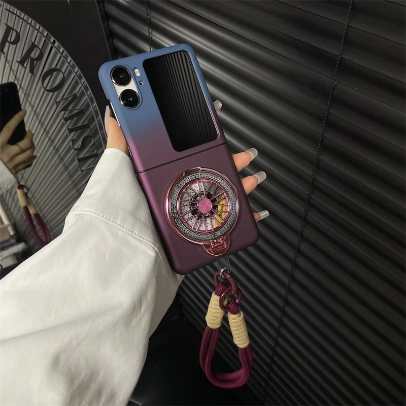 适用OPPOFindN2Flip手机壳渐变色磨砂镜子支架手提绳n2flip防摔壳