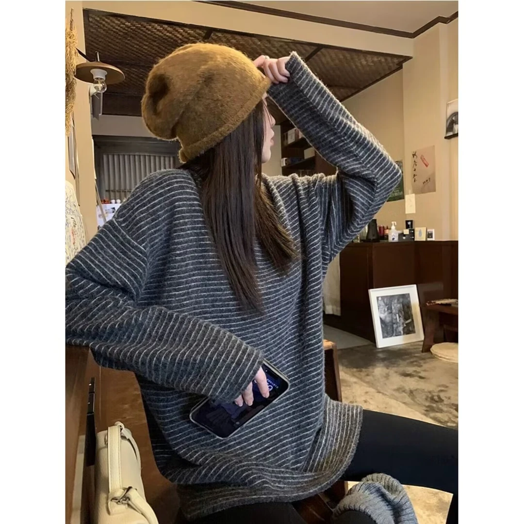 夏天只有158专属慵懒风条纹T恤女2024磨毛绒加厚秋冬宽松打底上衣