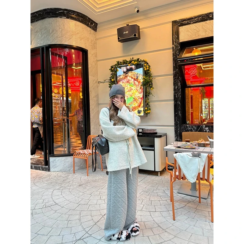 tingtings【保暖舒适】松紧腰菱形压格棉裤女冬季慵懒加厚阔腿裤