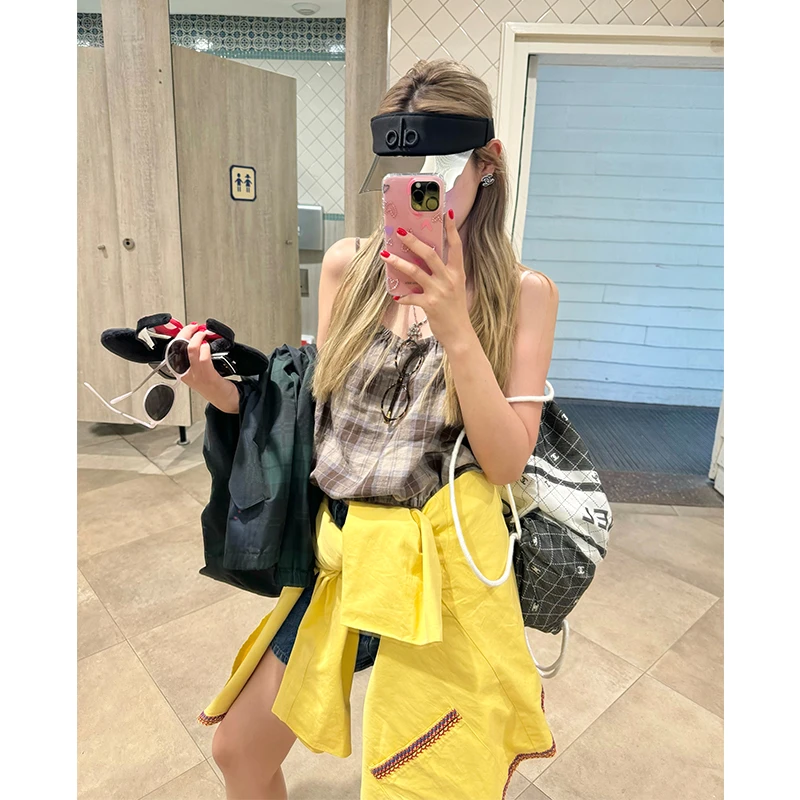 tingtings 罗马假日宽松亚麻格子吊带背心女夏季休闲外穿上衣