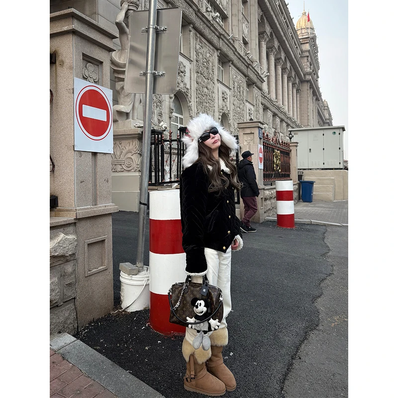 tingtings【修腿神器】薄绒牛仔直筒牛仔裤女男友风