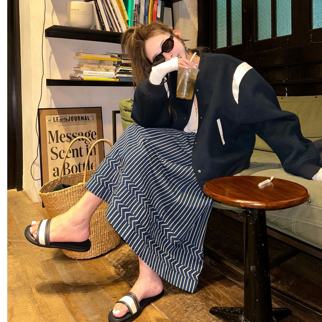 TTS【清新南法风】清新沉稳的蓝白条纹半身长裙