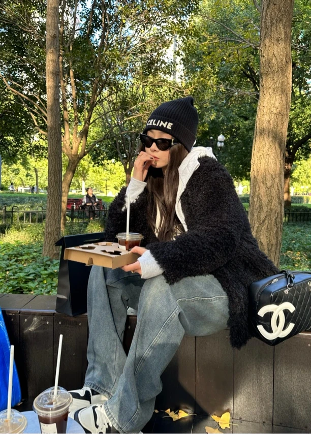 TINGTINGS【纸片人环保毛】黑色毛毛显瘦宽松外套