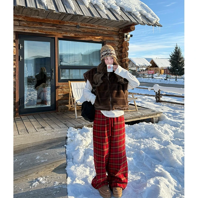 tingtings12/12【美式复古】苏格兰红格子毛呢阔腿裤女冬季拖地裤