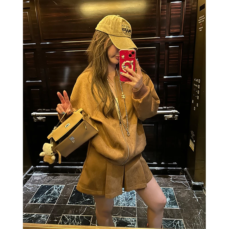 tingtings 【日落海岛】空气层ji皮夹克外套百褶短裙套装女秋冬