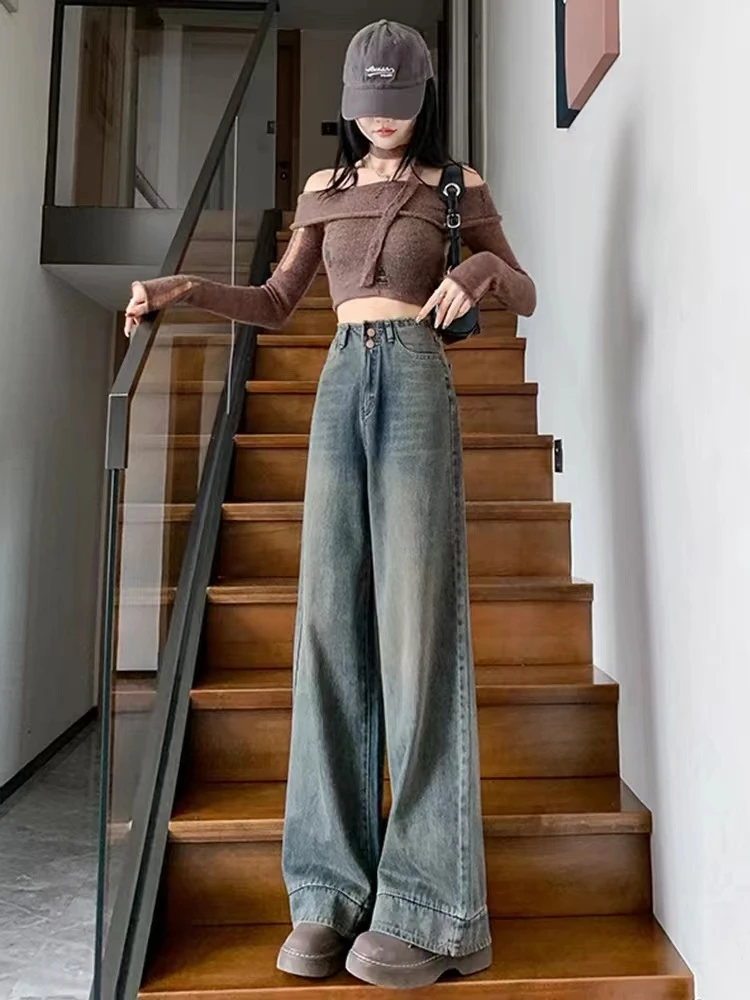 【苹】夏季显瘦高腰设计感牛仔阔腿长裤休闲百搭垂感拖地裤