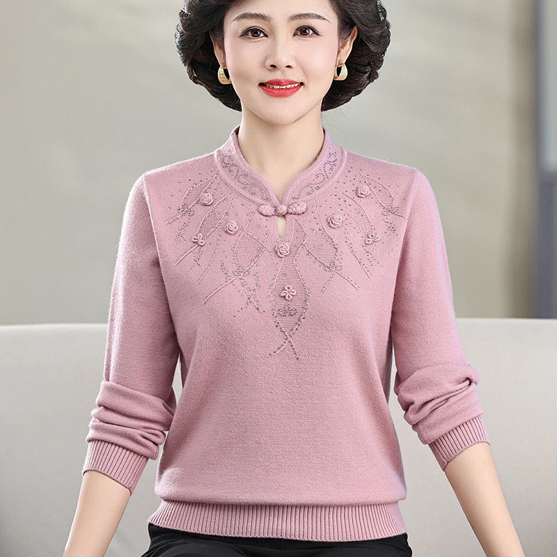 妈妈秋款洋气旗袍领针织打底衫中老年女秋季时尚国风宽松减龄上衣