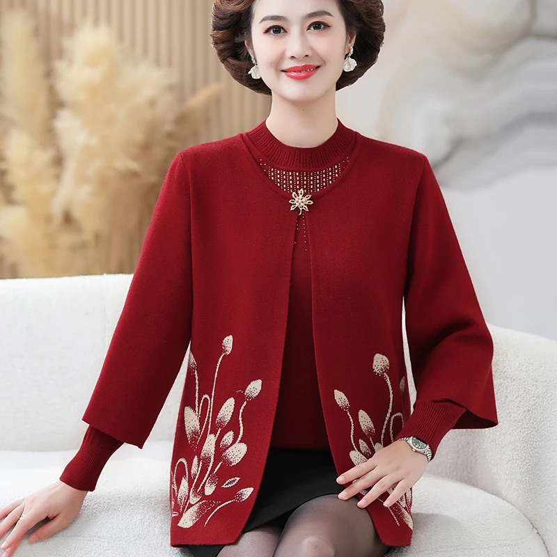 喜婆婆2024新款妈妈春秋针织上衣两件套装50岁中老年女装毛衣外套