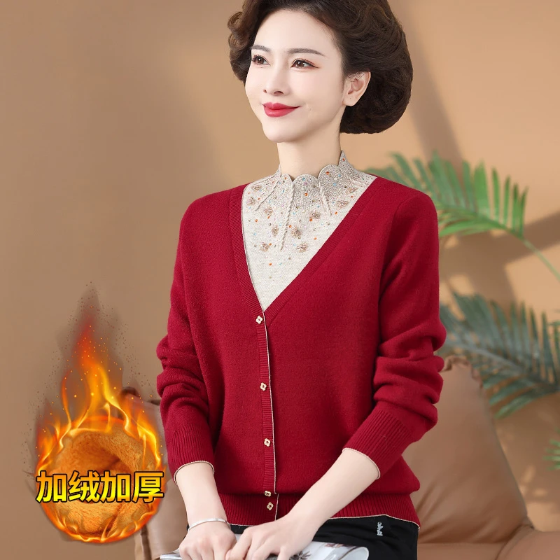 假两件秋冬装妈妈洋气毛衣女加绒加厚中老年妇女保暖内搭打底衫厚