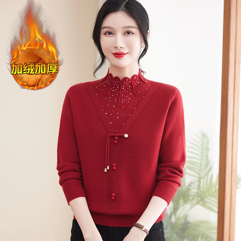 中年妈妈装新中式加绒加厚毛衣女保暖中老年女装洋气半高领打底衫