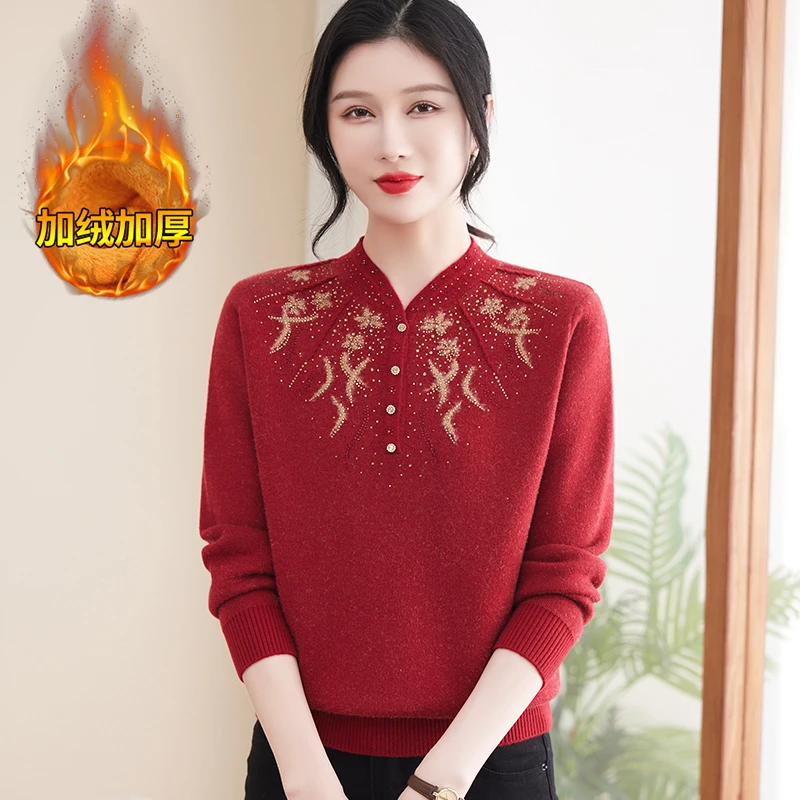 妈妈冬装洋气加绒加厚毛衣女保暖中老年女装气质半高领打底衫时尚