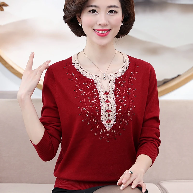 妈妈秋冬装本命年打底衫2023新款中老年女装洋气秋冬圆领大码毛衣