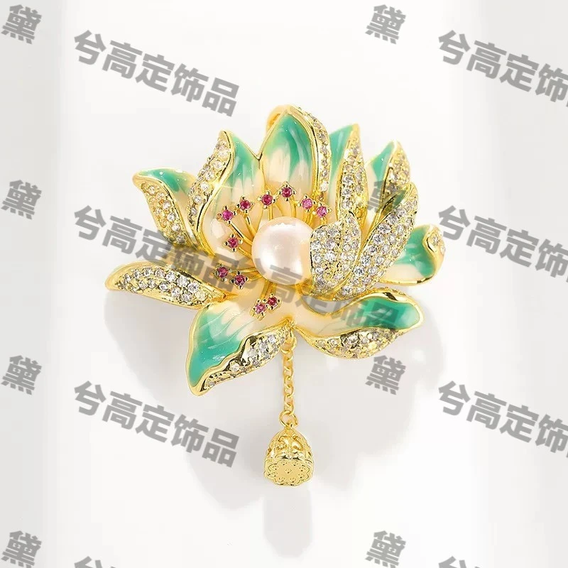 铜合金合成锆石胸针 重工轻奢复古国风优雅莲花高档大衣胸针