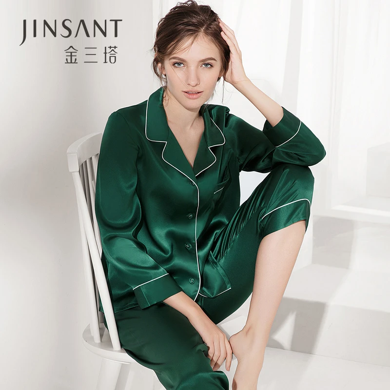 金三塔真丝睡衣女两件套100%桑蚕丝宽松性感可外穿长袖家居服套装