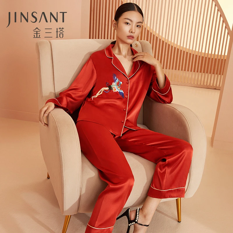 金三塔新品大红色真丝睡衣套装女桑蚕丝凤凰绣花两件套