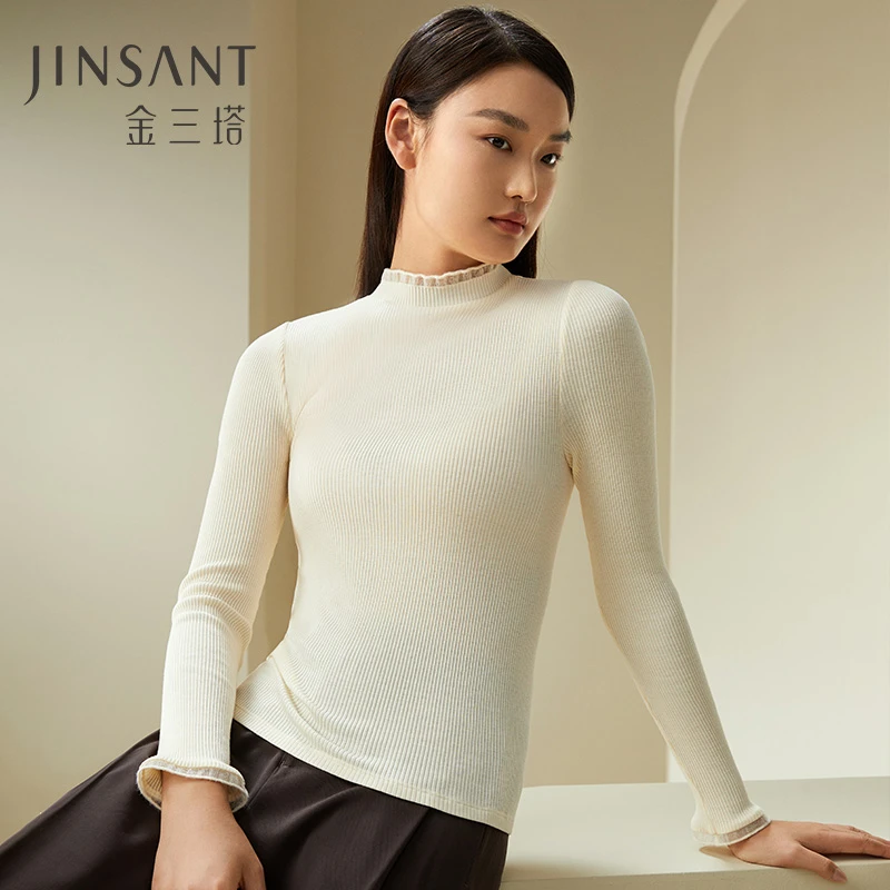 金三塔桑蚕丝舒适亲肤蕾丝边半高领打底衫女秋冬时尚搭配上衣