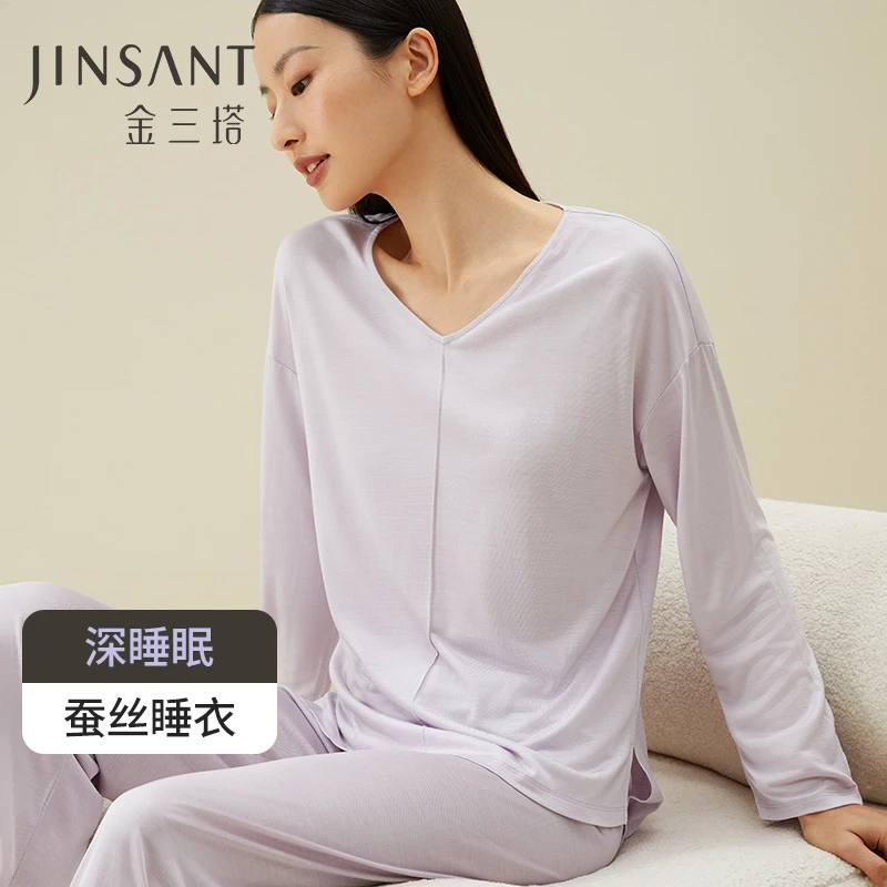 金三塔深睡眠系列真丝睡衣女士桑蚕丝针织柔软透气家居服套装