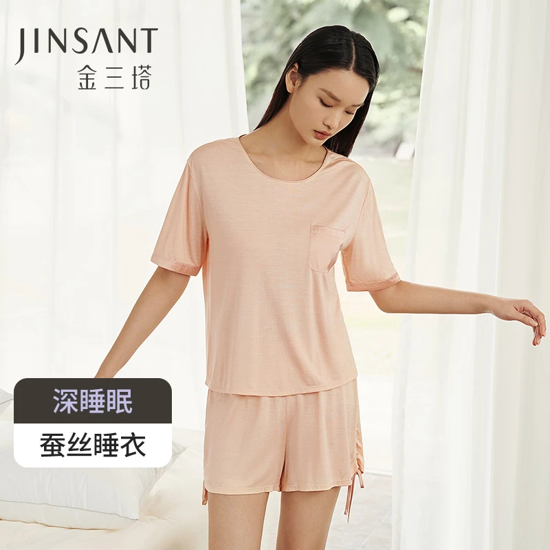金三塔深睡眠真丝睡衣100%桑蚕丝女真丝针织短袖短裤家居服套装