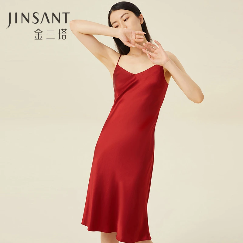 金三塔重磅19姆米桑蚕丝玲珑曲线斜裁长款吊带裙红色婚庆真丝睡衣