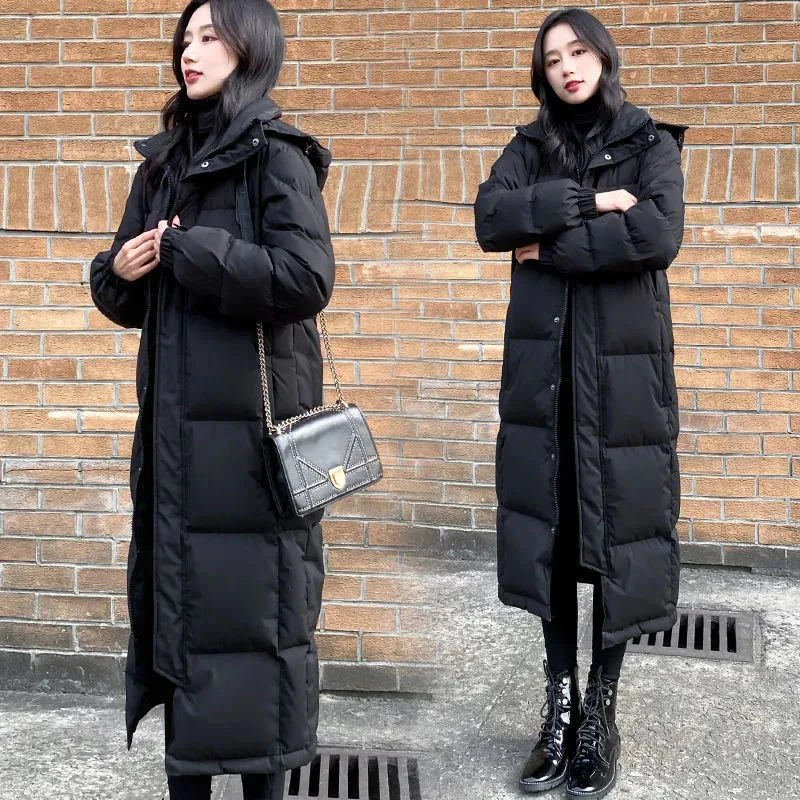 新款黑色羽绒服2023年新款女冬情侣长款修身棉袄长过膝到脚踝