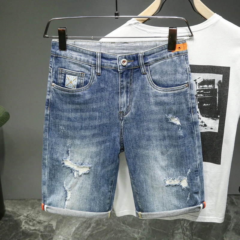 夏季薄款破洞五分男牛仔裤子宽松直筒中裤ins潮牌休闲5分短裤子男