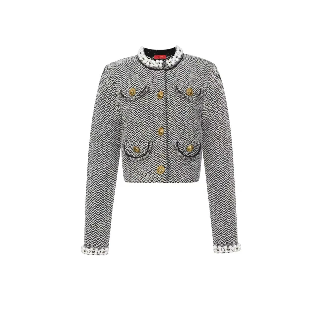 拉飞姆2024秋 咖色格纹短针织外套LF24Q41ZM116