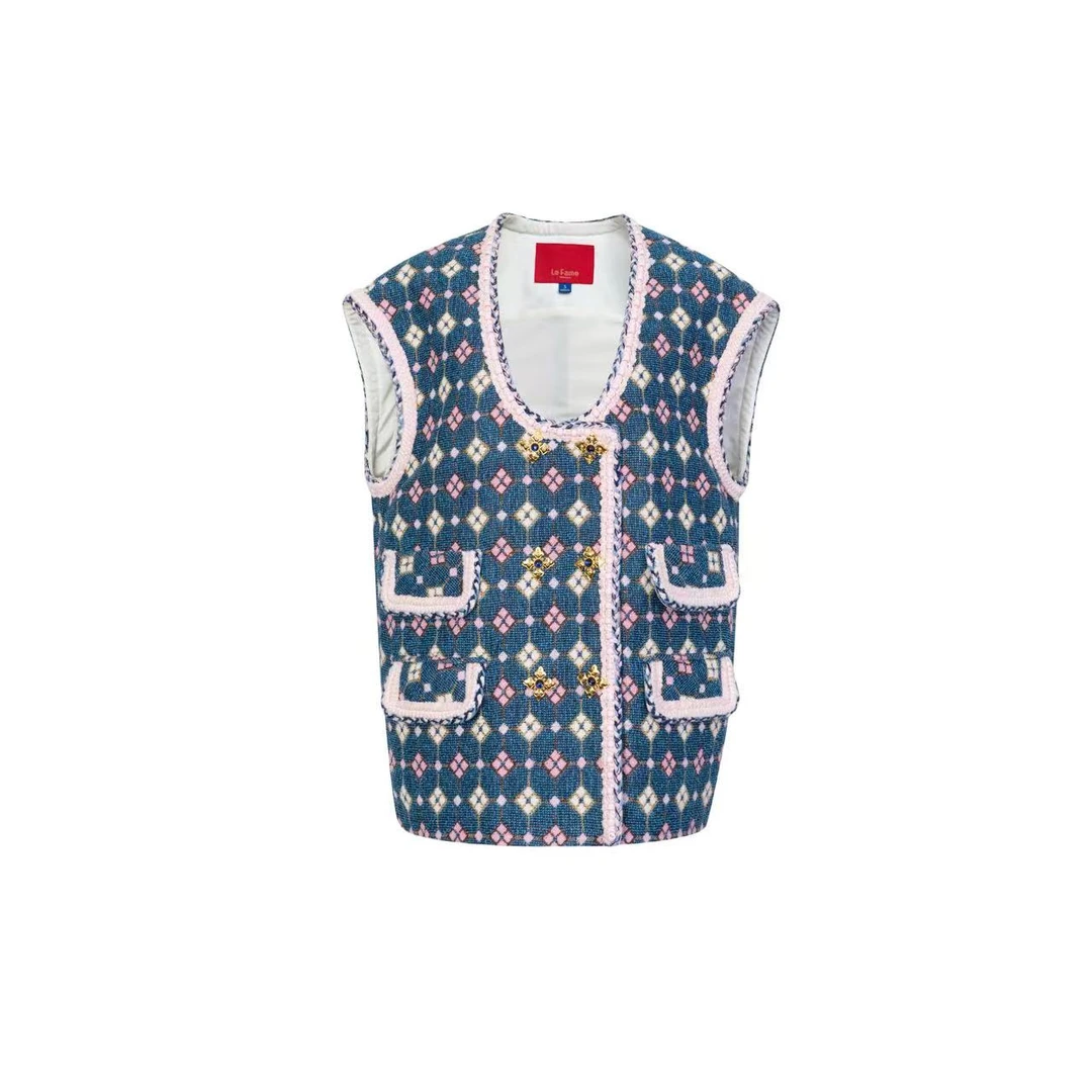 拉飞姆2024春 低圆领提花宽松马甲LF24C11SM120