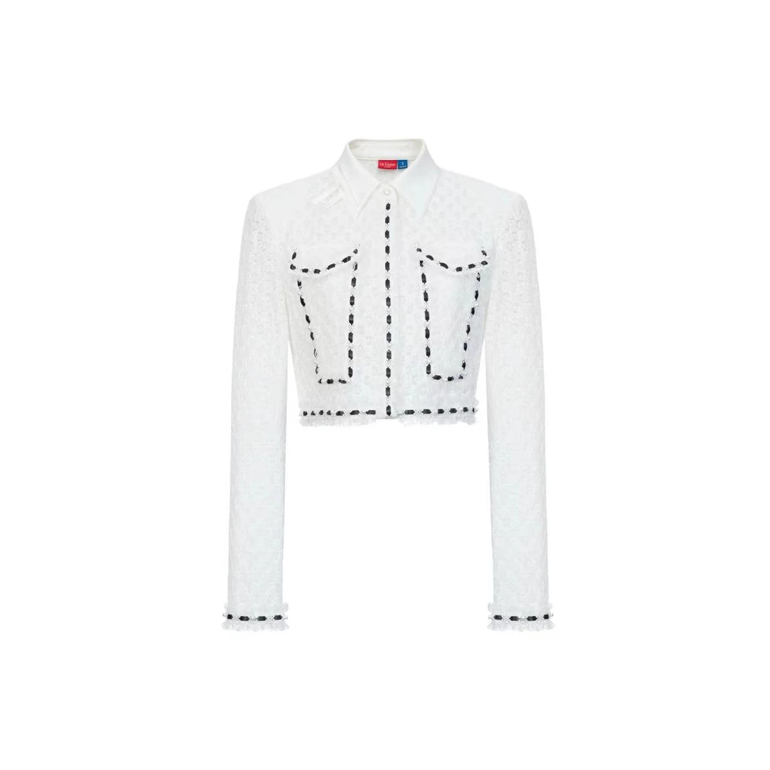 拉飞姆2024春 浪漫蝴蝶结装饰白色蕾丝上衣LF24C21SB304