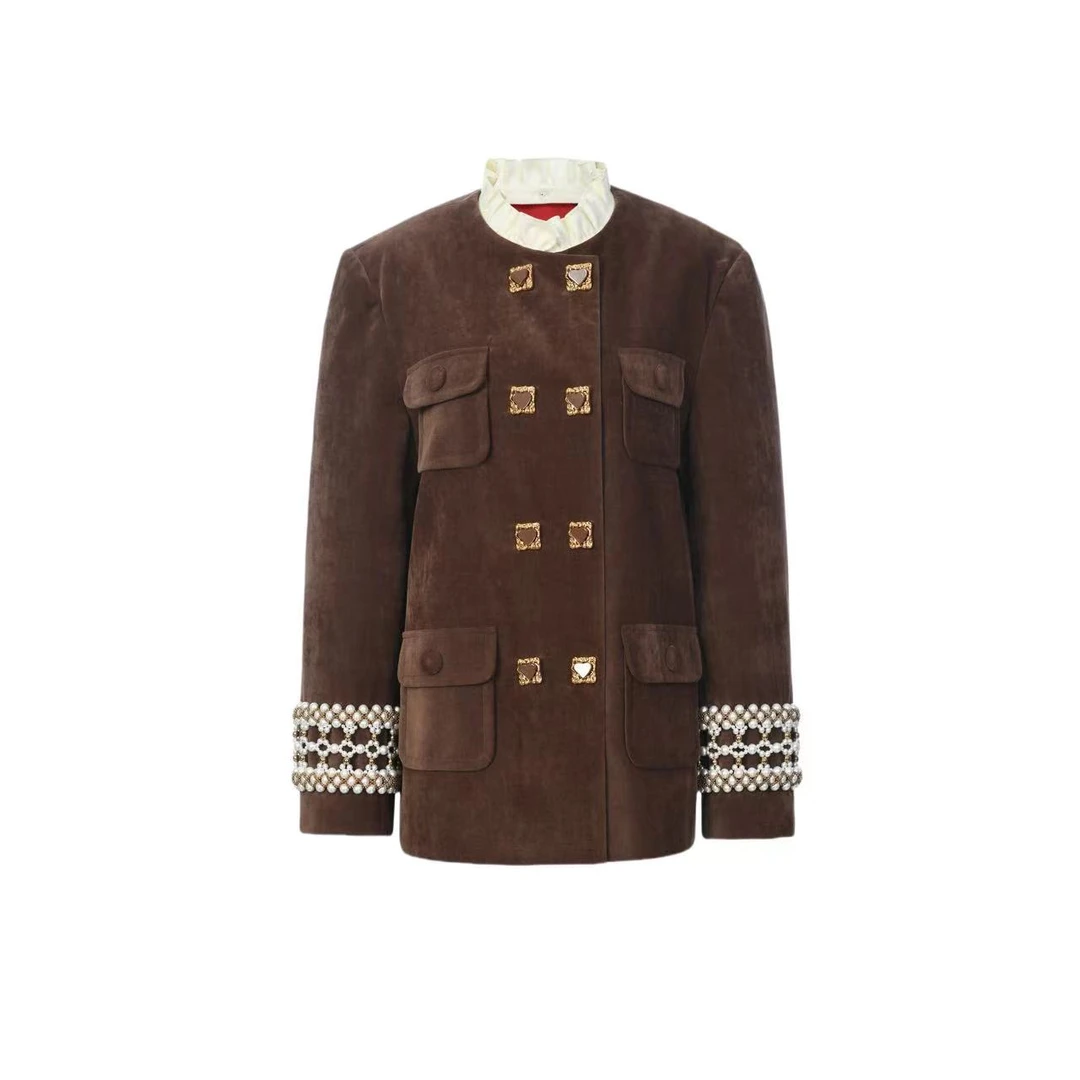 拉飞姆2024秋 袖口重工编珠装饰双排扣外套LF24Q41SC022