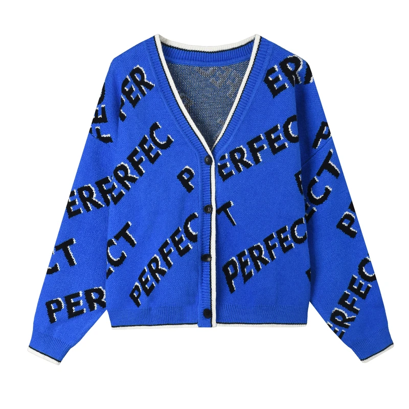 B032  Oversize字母提花舒适秋冬厚款开衫毛衣女 EW21D5302B