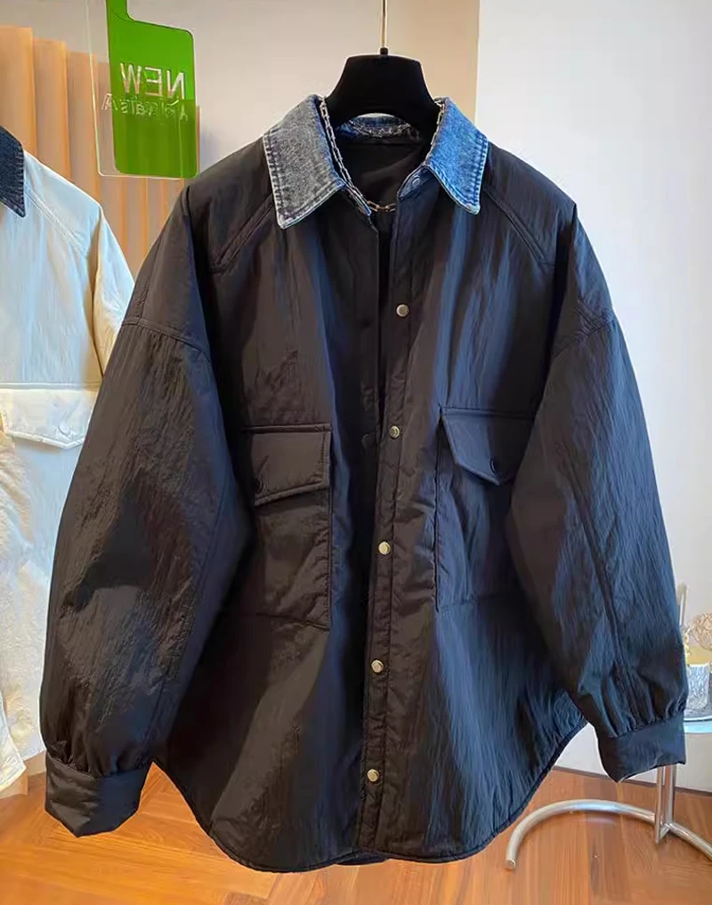 牛仔领韩版棉服女秋冬新款时尚宽松痞帅炸街风百搭长袖外套棉袄