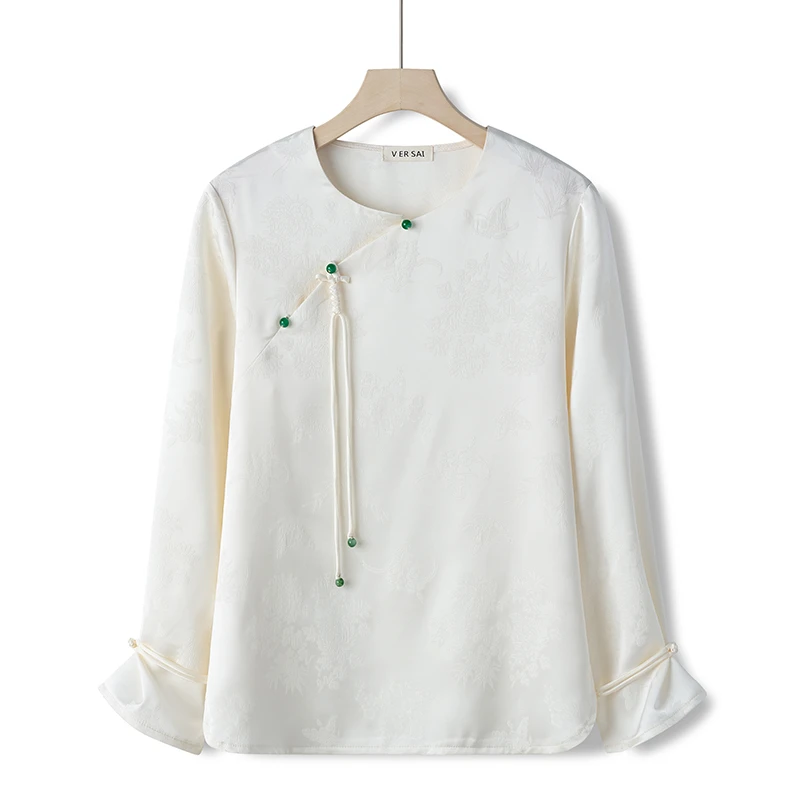 新中式盘扣小衫复古长袖夏季中国风文艺仙气提花斜襟小衫#K002