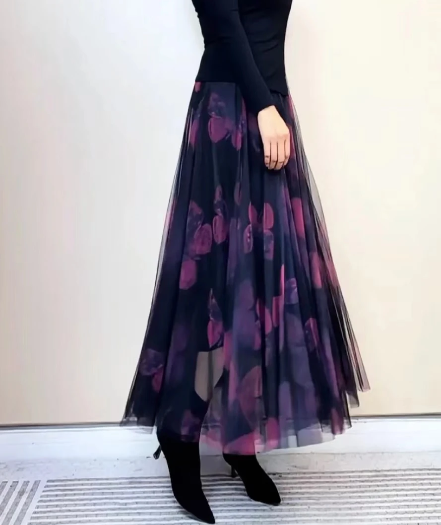 (两面穿高密高垂)印花*星光璀璨气质时尚 高腰显瘦720度半身裙