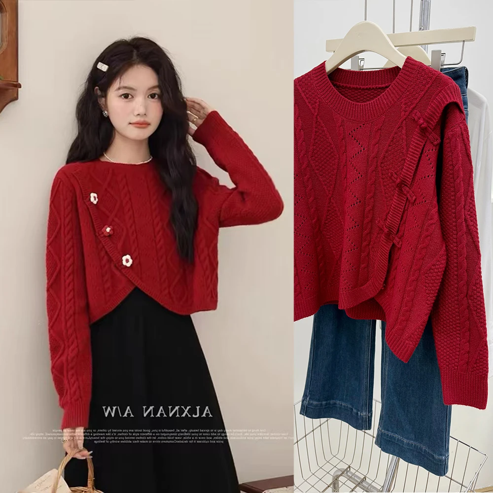 红色新款短款上衣春季新款时尚长袖显瘦毛衣针织衫00