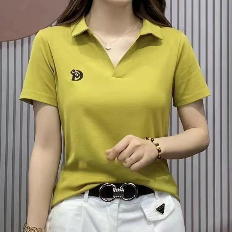 2024新款夏季t恤女士显瘦百搭休闲翻领洋气宽松气质透气大码上衣