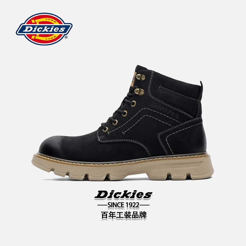 Dickies马丁靴男高帮冬季真皮中帮工装靴英伦风男士黑色靴子男款