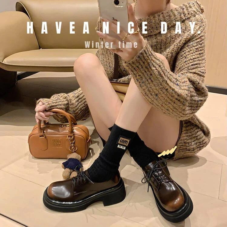 【一眼就爱上沦陷】百搭系带乐福鞋圆头厚底小皮鞋英伦风黑色单鞋