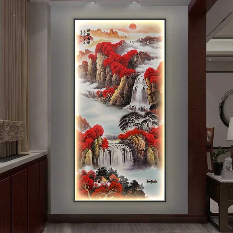 带灯玄关画【中式山水】【多款画面选择】花开富贵山水晶瓷镶钻画