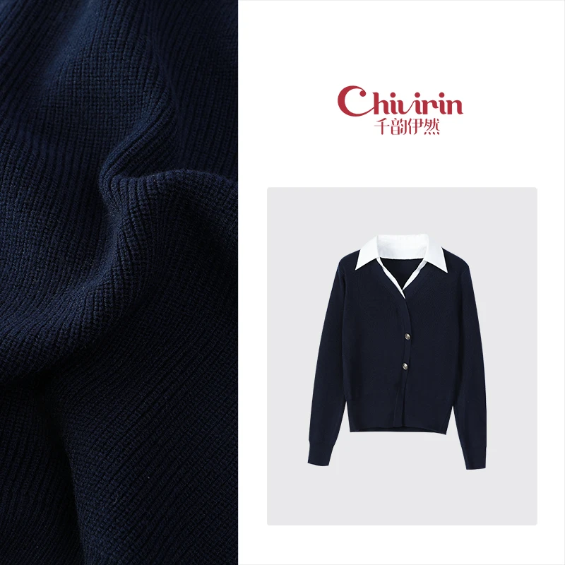 【千韵伊然}】春季新款时尚百搭设计款翻领假两件套头针织上衣8582