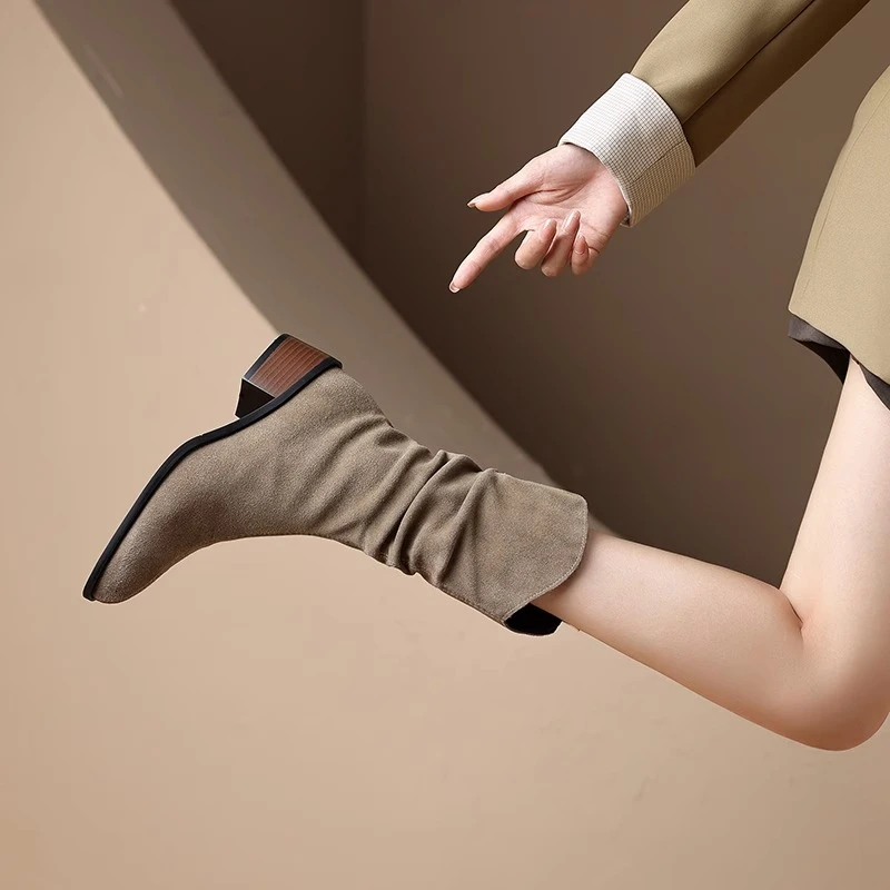 断码意尓康真软皮西部牛仔靴女2023新款瘦瘦靴复古靴子粗跟堆堆靴