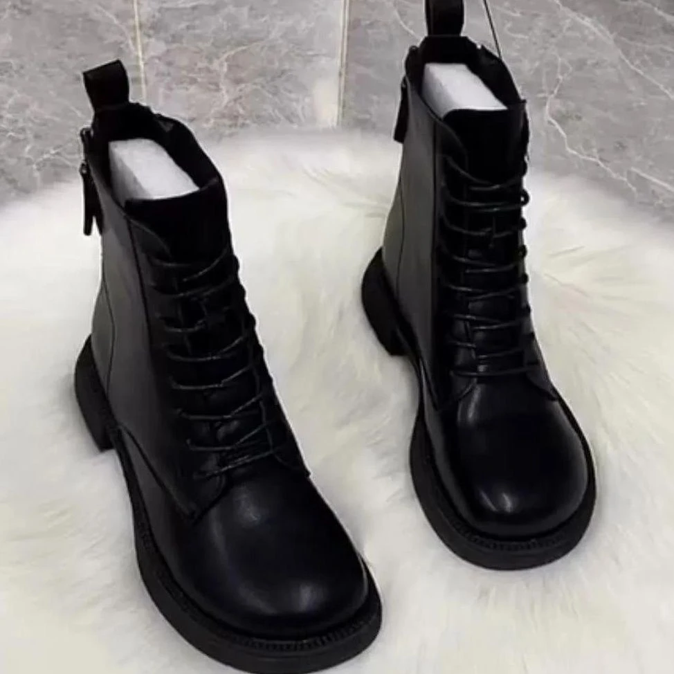 断码意尓康后拉链马丁靴女2023秋冬新款皮靴粗跟复古圆头加绒短