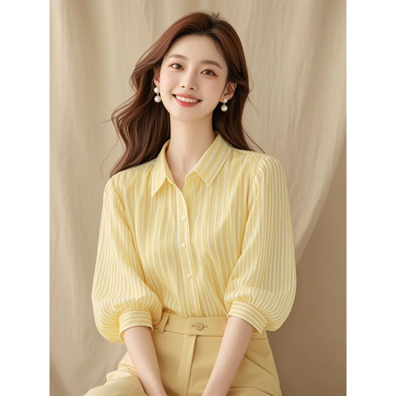 夏季2024新款法式绝美小上衣高级感气质七分灯笼袖黄色条纹衬衫女