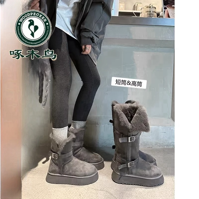 啄木鸟绝美灰色雪地靴女2024年冬款厚底增高加绒加厚长筒雪地棉鞋
