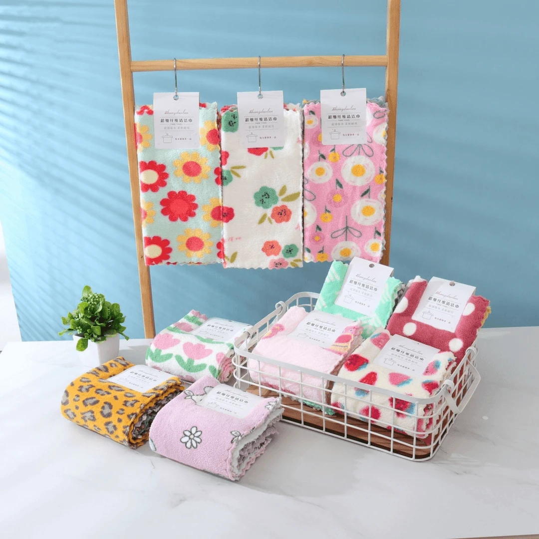 荞芬 珊瑚绒印花方巾30x30厨房抹布擦手巾可爱柔软小毛巾吸水加厚