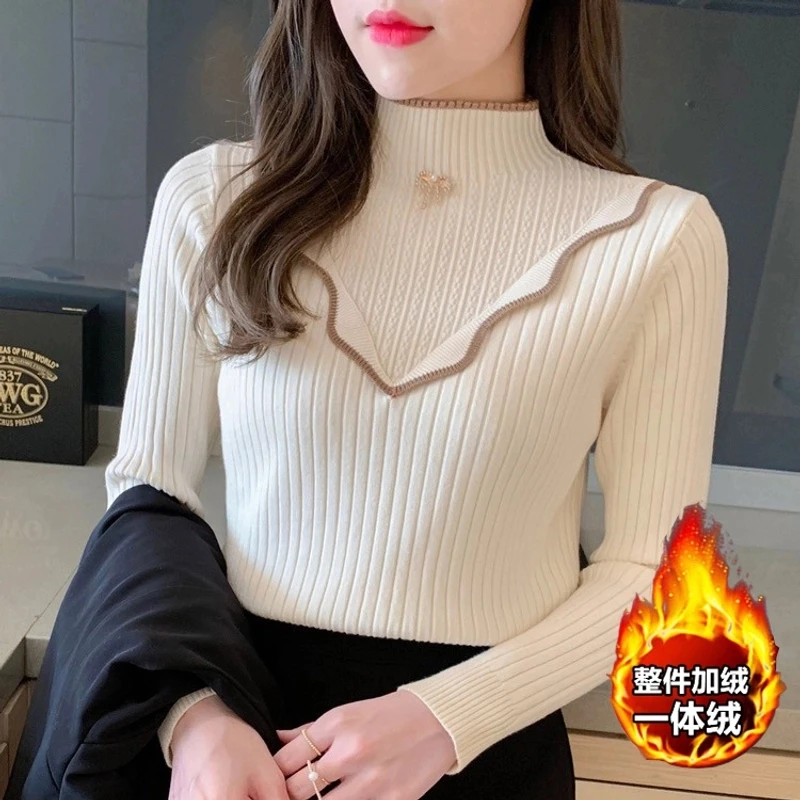 【一体绒】毛衣女加绒加厚小香风2024秋冬针织衫百搭打底上衣半高领