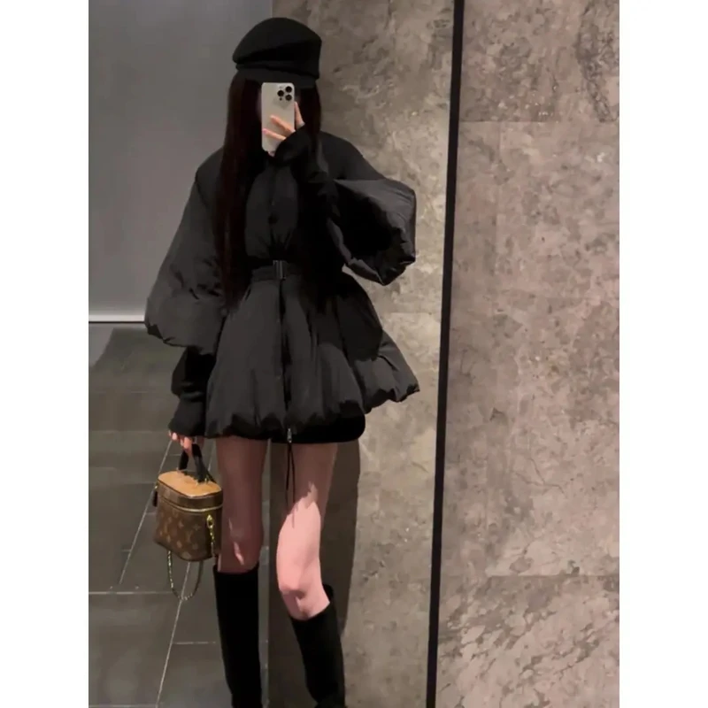 韩系富家千金小香风棉服女2024秋冬新款黑色灯笼袖收腰面包服外套