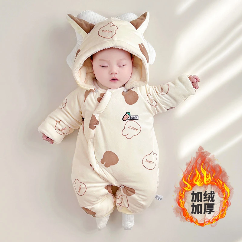 婴儿连体衣冬季装新生儿加厚加绒棉服宝宝冬天夹棉保暖外出服抱服