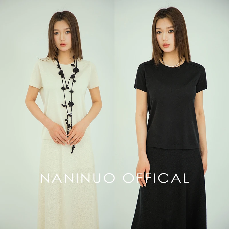 Naninuo/纳尼诺 丝羊绒叠云针圆领肌理感薄款短袖NLDX24041