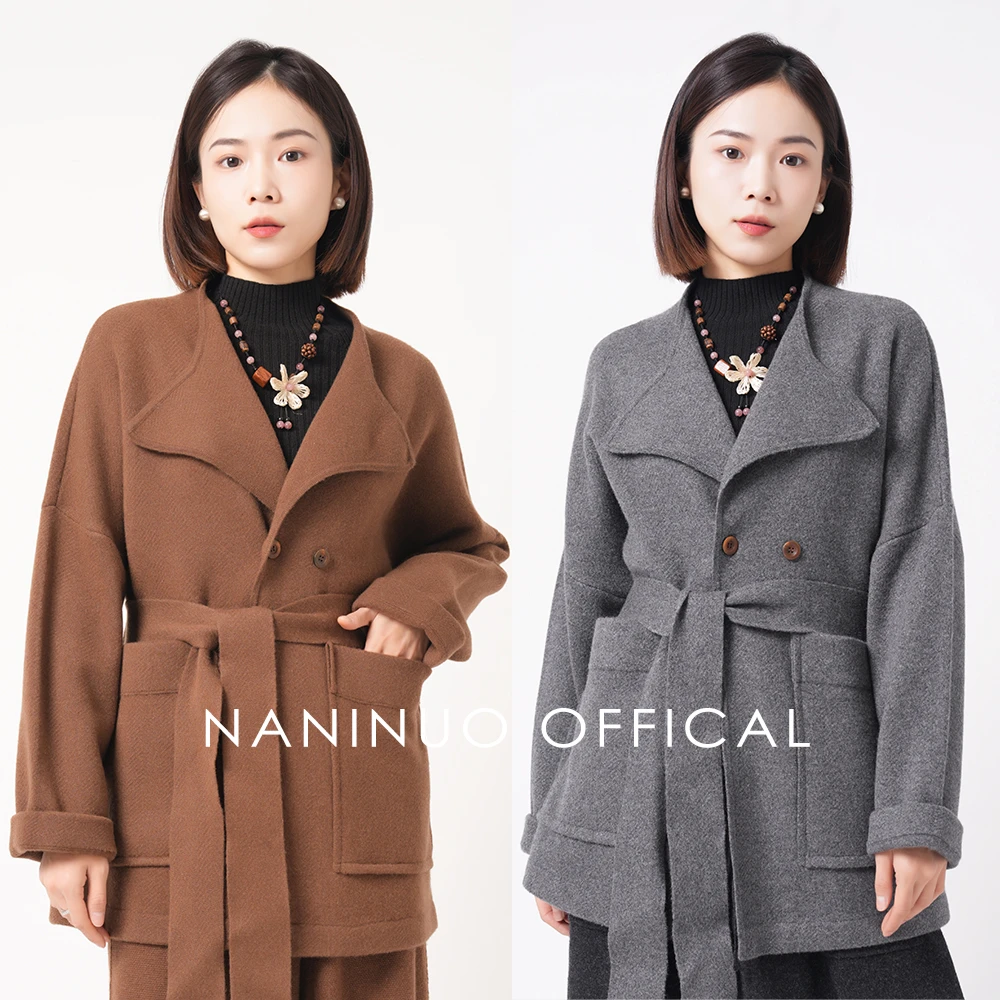 Naninuo/纳尼诺<韵律织纹>翻领羊绒外套宽松腰带版NGWT24118